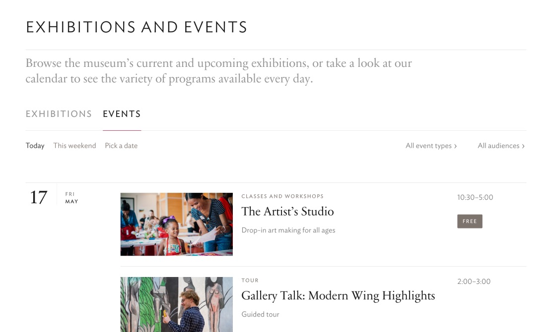 Art Institute of Chicago website, events page screenshot