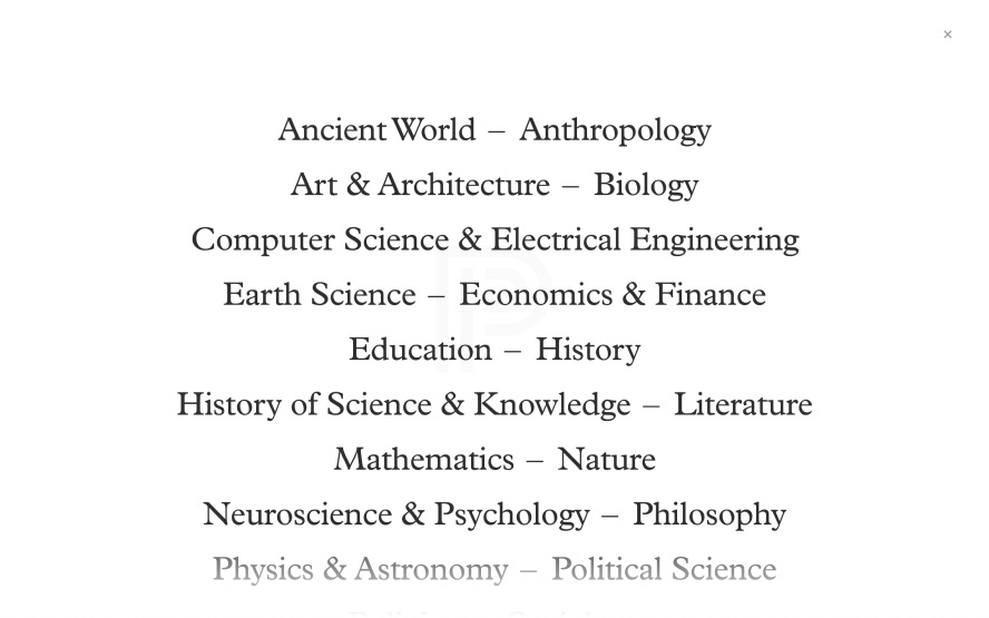 Princeton University Press, subjects menu screenshot